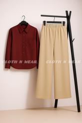 Maroon button down shirt with beige flapper trouser